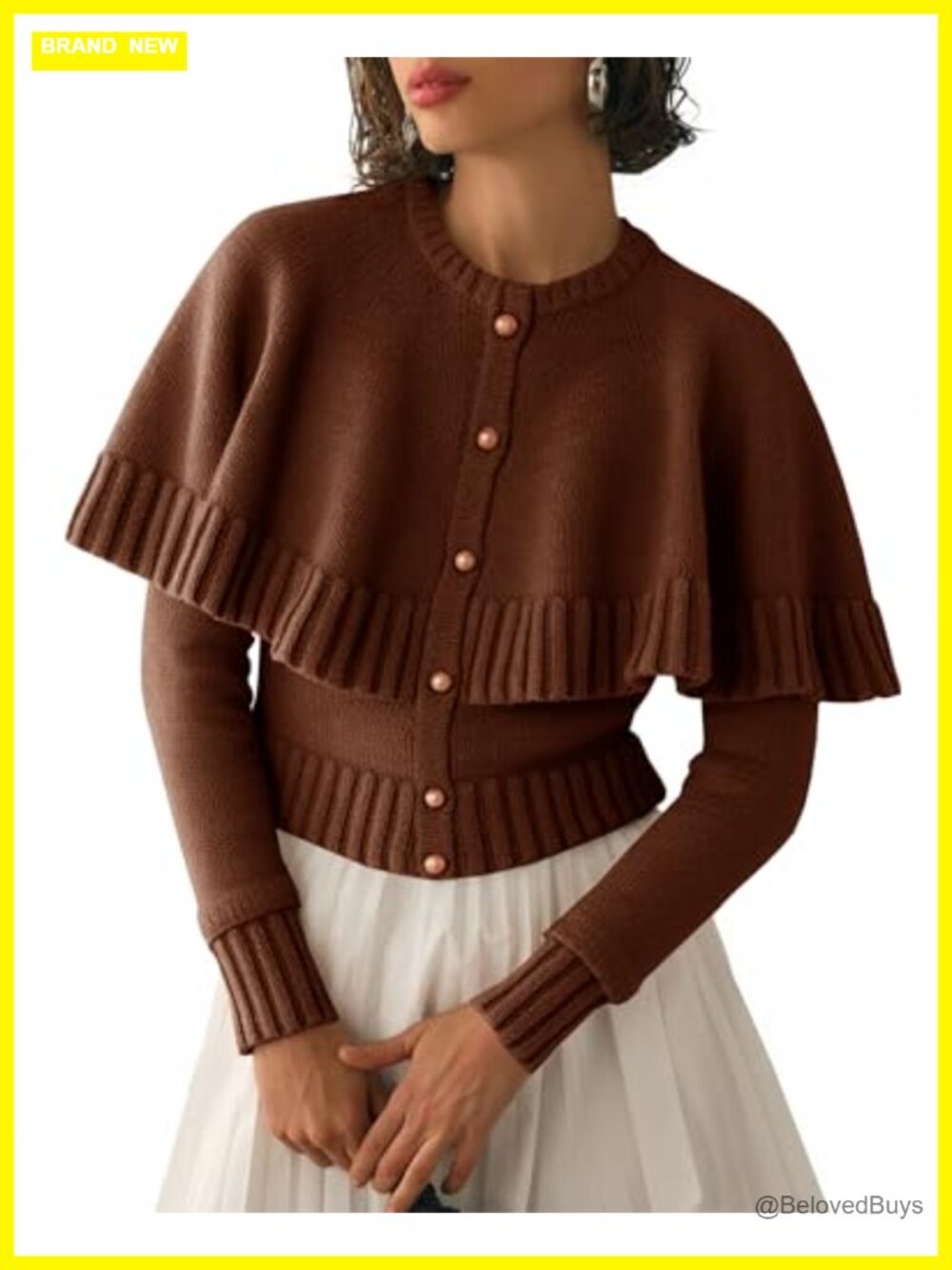 Cropped Cape Cardigan Button Down Long Sleeve Knit Sweater